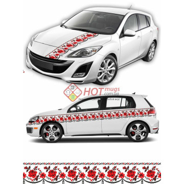 Наклейка на авто вышиванка. Красная с черным. 16см х 400 см, цветы.