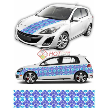 Наклейка на авто вышиванка с цветами. Синие цвета. 20см х 400 см. Оригинальный узор.